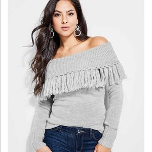 Guess Gray Off the Shoulder Fringe Sweater- NEW- Size: M- Retail: $89